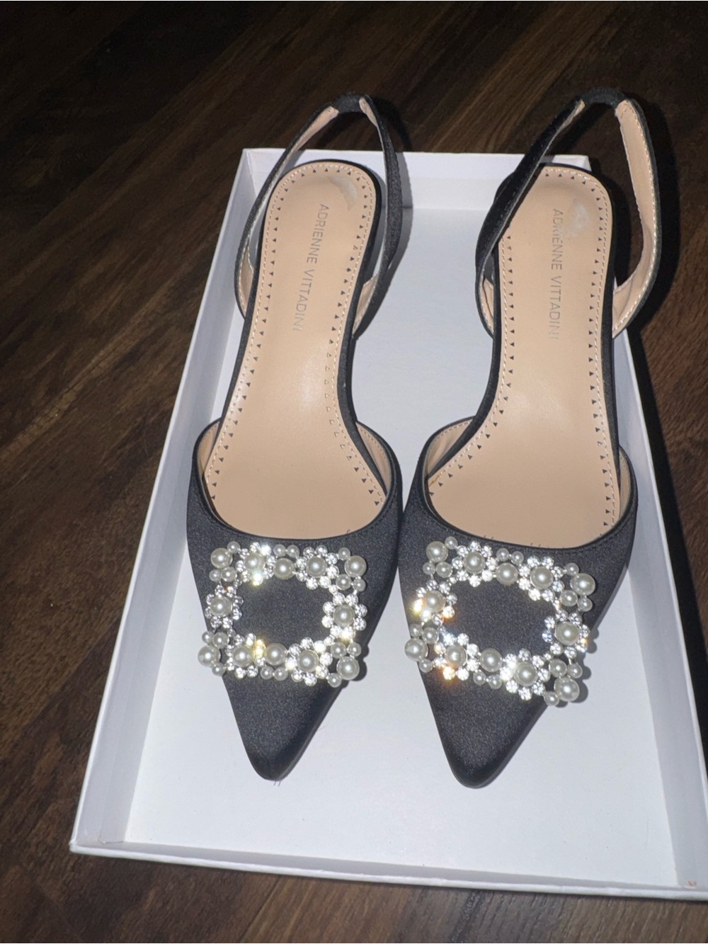Adrienne Vittadini Black Pearl & Crystal Embellished Slingback Pointed Flats